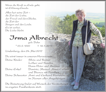 Traueranzeige von Irma Albrecht von Der Westallgäuer