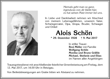 Traueranzeige von Alois Schön von Allgäuer Zeitung,Kempten