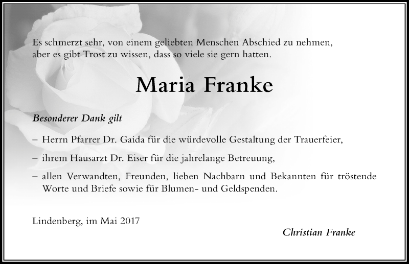  Traueranzeige für Maria Franke vom 26.05.2017 aus Der Westallgäuer