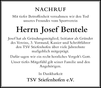 Traueranzeige von Josef Bentele von Der Westallgäuer