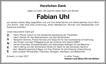 Traueranzeige von Fabian Uhl von Memminger Zeitung