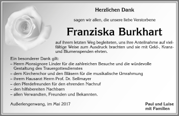 Traueranzeige von Franziska Burkhart von Allgäuer Zeitung, Marktoberdorf