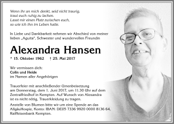 Traueranzeige von Alexandra Hansen von Allgäuer Zeitung,Kempten