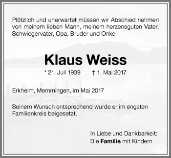 Traueranzeige von Klaus Weiss von Memminger Zeitung