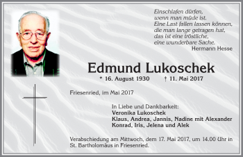 Traueranzeige von Edmund Lukoschek von Allgäuer Zeitung