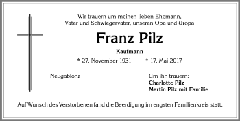 Traueranzeige von Franz Pilz von Allgäuer Zeitung, Kaufbeuren/Buchloe