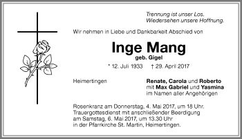Traueranzeige von Inge Mang von Memminger Zeitung