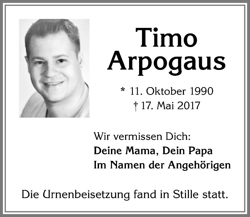  Traueranzeige für Timo Arpogaus vom 31.05.2017 aus Allgäuer Zeitung,Kempten