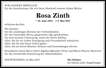 Traueranzeige von Rosa Zinth von Allgäuer Anzeigeblatt