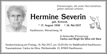 Traueranzeige von Hermine Severin von Allgäuer Zeitung, Kaufbeuren/Buchloe