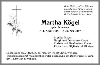 Traueranzeige von Martha Kögel von Allgäuer Zeitung,Kempten