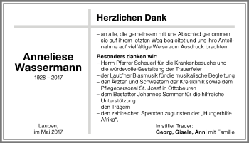 Traueranzeige von Anneliese Wassermann von Memminger Zeitung