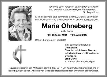 Traueranzeige von Maria Ohneberg von Memminger Zeitung