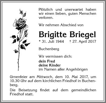 Traueranzeige von Brigitte Briegel von Allgäuer Zeitung,Kempten