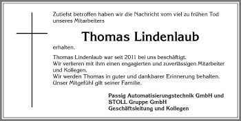 Traueranzeige von Thomas Lindenlaub von Allgäuer Zeitung, Gesamtausgabe
