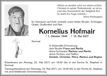 Traueranzeige von Kornelius Hofmair von Allgäuer Zeitung, Kaufbeuren/Buchloe