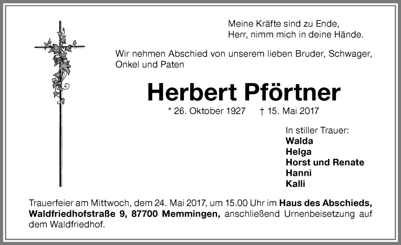  Traueranzeige für Herbert Pförtner vom 20.05.2017 aus Memminger Zeitung