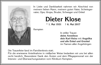 Traueranzeige von Dieter Klose von Allgäuer Zeitung,Kempten