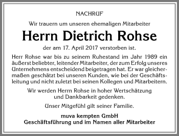 Traueranzeige von Dietrich Rohse von Allgäuer Zeitung,Kempten