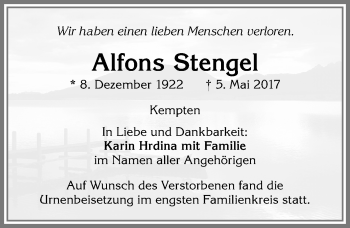 Traueranzeige von Alfons Stengel von Allgäuer Zeitung,Kempten
