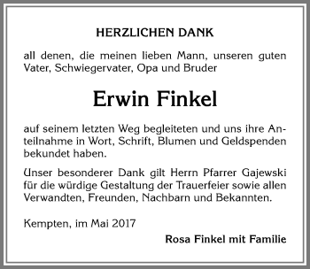 Traueranzeige von Erwin Finkel von Allgäuer Zeitung,Kempten