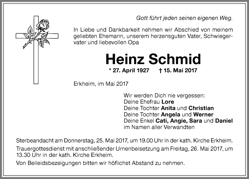  Traueranzeige für Heinz Schmid vom 23.05.2017 aus Memminger Zeitung