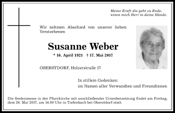 Traueranzeige von Susanne Weber von Allgäuer Anzeigeblatt