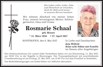 Traueranzeige von Rosmarie Schaal von Allgäuer Anzeigeblatt