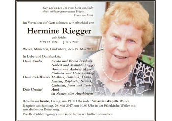 Traueranzeige von Hermine Riegger von Der Westallgäuer