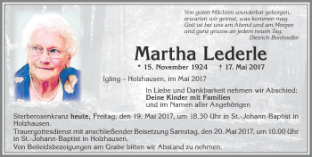 Traueranzeige von Martha Lederle von Allgäuer Zeitung