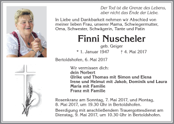 Traueranzeige von Finni Nuscheler von Allgäuer Zeitung, Marktoberdorf
