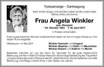 Traueranzeige von Angela Winkler von Memminger Zeitung