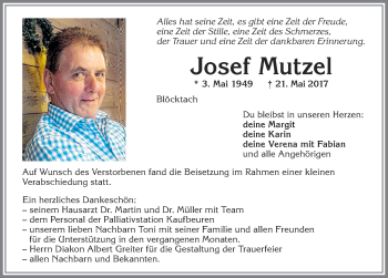 Traueranzeige von Josef Mutzel von Allgäuer Zeitung