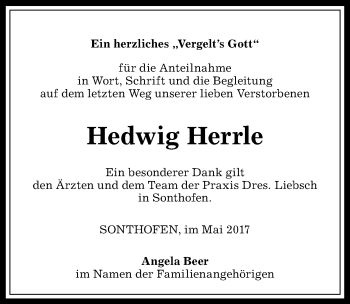 Traueranzeige von Hedwig Herrle von Allgäuer Anzeigeblatt