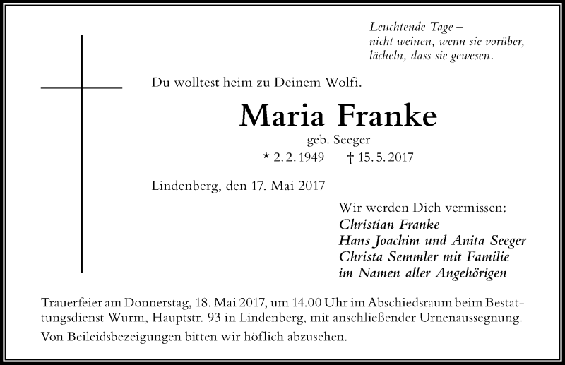  Traueranzeige für Maria Franke vom 17.05.2017 aus Der Westallgäuer
