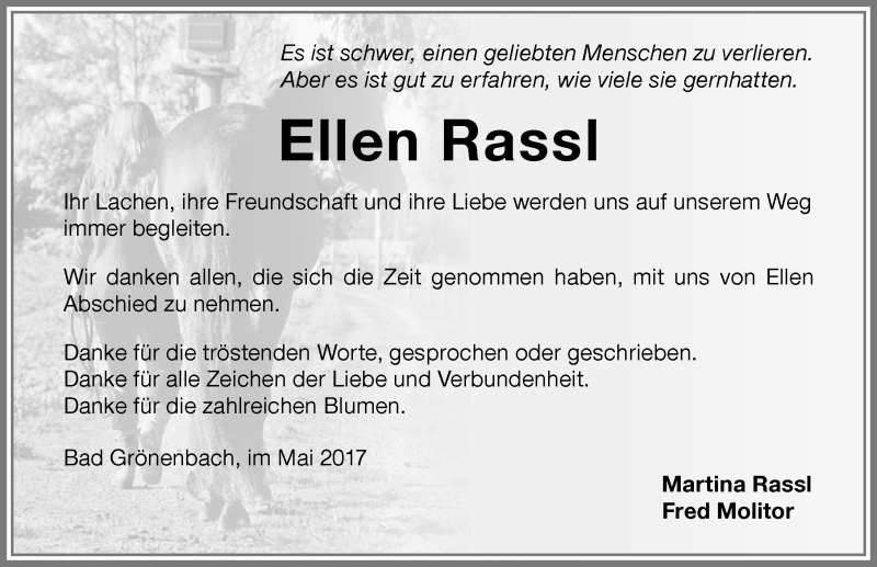  Traueranzeige für Ellen Rassl vom 06.05.2017 aus Memminger Zeitung