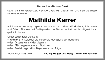 Traueranzeige von Mathilde Karrer von Memminger Zeitung
