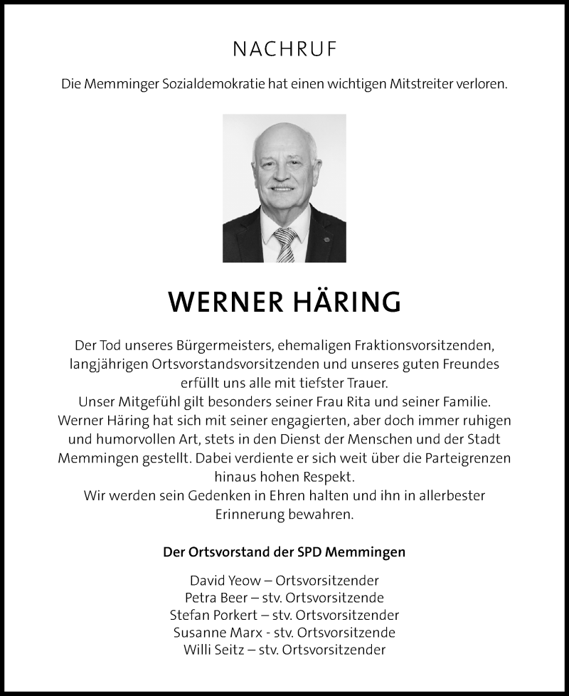  Traueranzeige für Werner Häring vom 11.05.2017 aus Memminger Zeitung