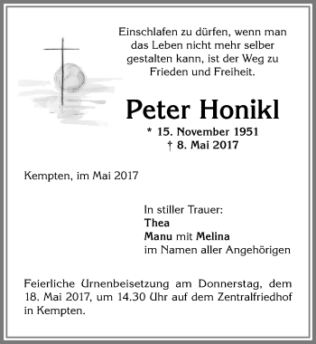 Traueranzeige von Peter Honikl von Allgäuer Zeitung,Kempten
