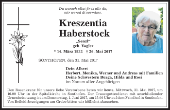 Traueranzeige von Kreszentia Haberstock von Allgäuer Anzeigeblatt