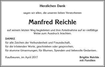 Traueranzeige von Manfred Reichle von Allgäuer Zeitung, Kaufbeuren/Buchloe