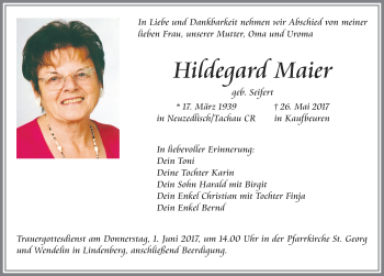 Traueranzeige von Hildegard Maier von Allgäuer Zeitung, Kaufbeuren/Buchloe