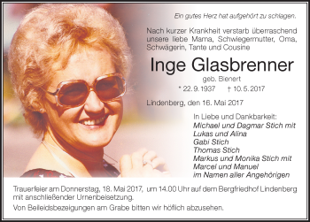 Traueranzeige von Inge Glasbrenner von Der Westallgäuer