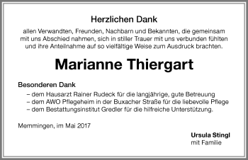 Traueranzeige von Marianne Thiergart von Memminger Zeitung