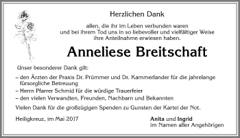 Traueranzeige von Anneliese Breitschaft von Allgäuer Zeitung,Kempten