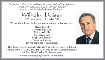 Traueranzeige von Wilhelm Daiser von Allgäuer Zeitung, Füssen