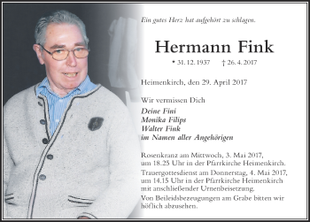 Traueranzeige von Hermann Fink von Der Westallgäuer