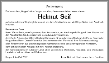 Traueranzeige von Helmut Seif von Allgäuer Zeitung,Kempten