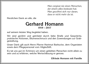 Traueranzeige von Gerhard Homann von Allgäuer Zeitung,Kempten