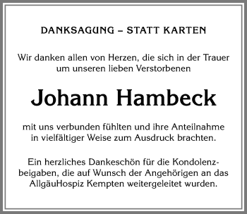 Traueranzeige von Johann Hambeck von Allgäuer Zeitung,Kempten